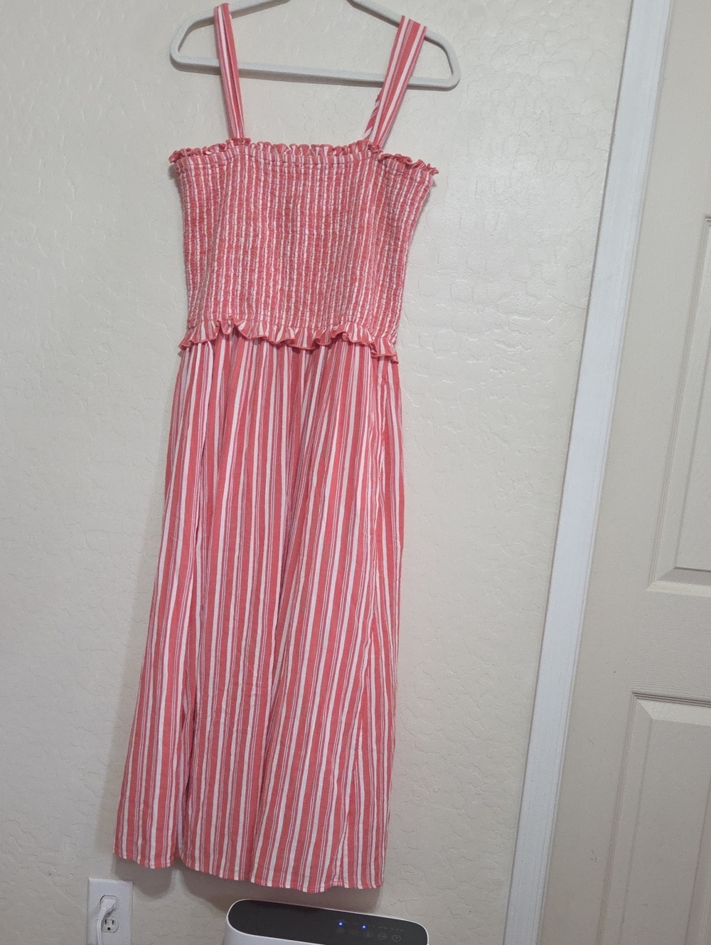 aerie Pink and White Striped Smocked Maxi Dress